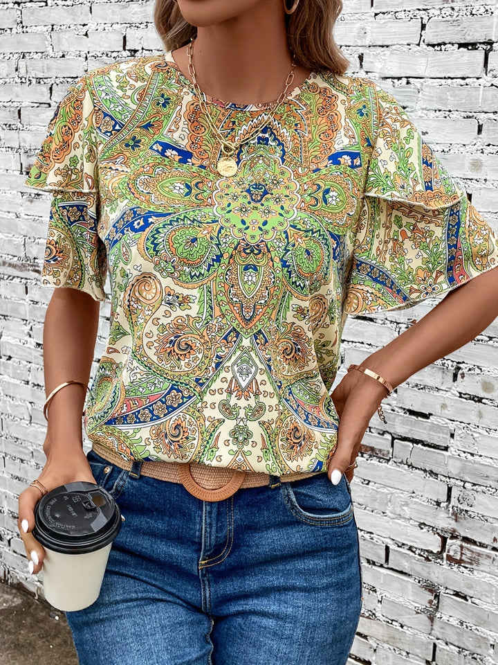 Printed Round Neck Short Sleeve Blouse