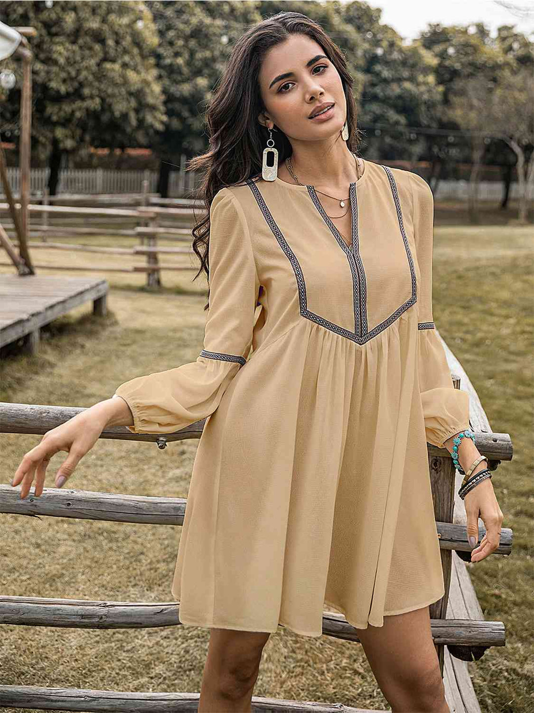 Notched Balloon Sleeve Mini Dress