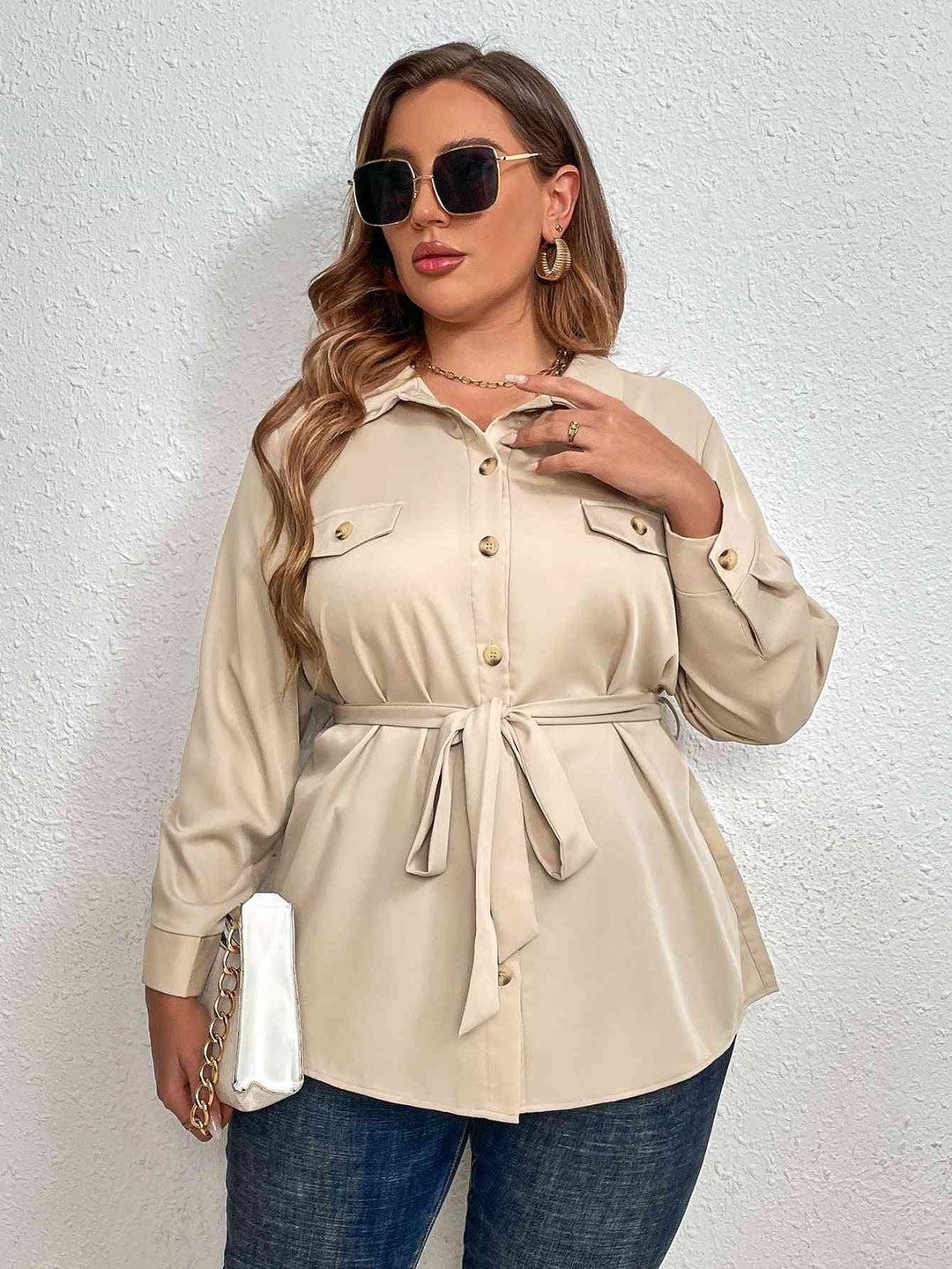 Melo Apparel Plus Size Tie Belt Long Sleeve Shirt