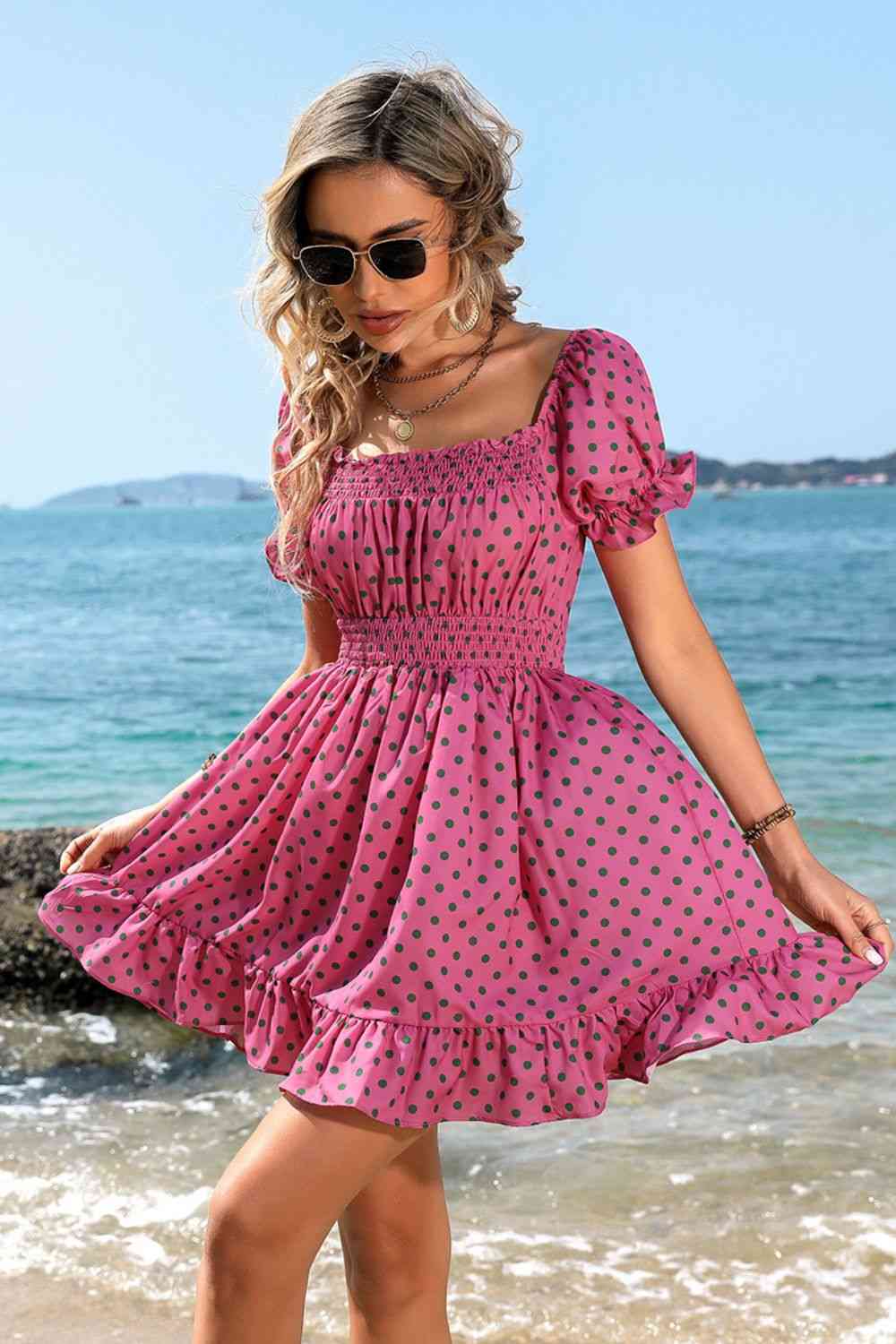 Polka Dot Square Neck Smocked Waist Dress