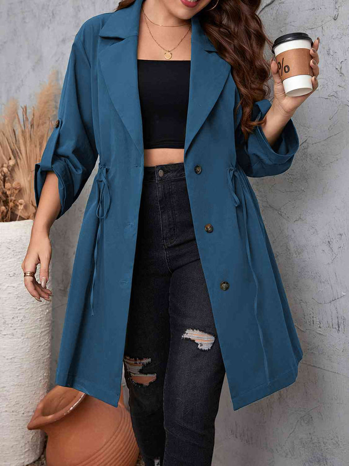 Plus Size Lapel Collar Drawstring Roll-Tab Sleeve Trench Coat