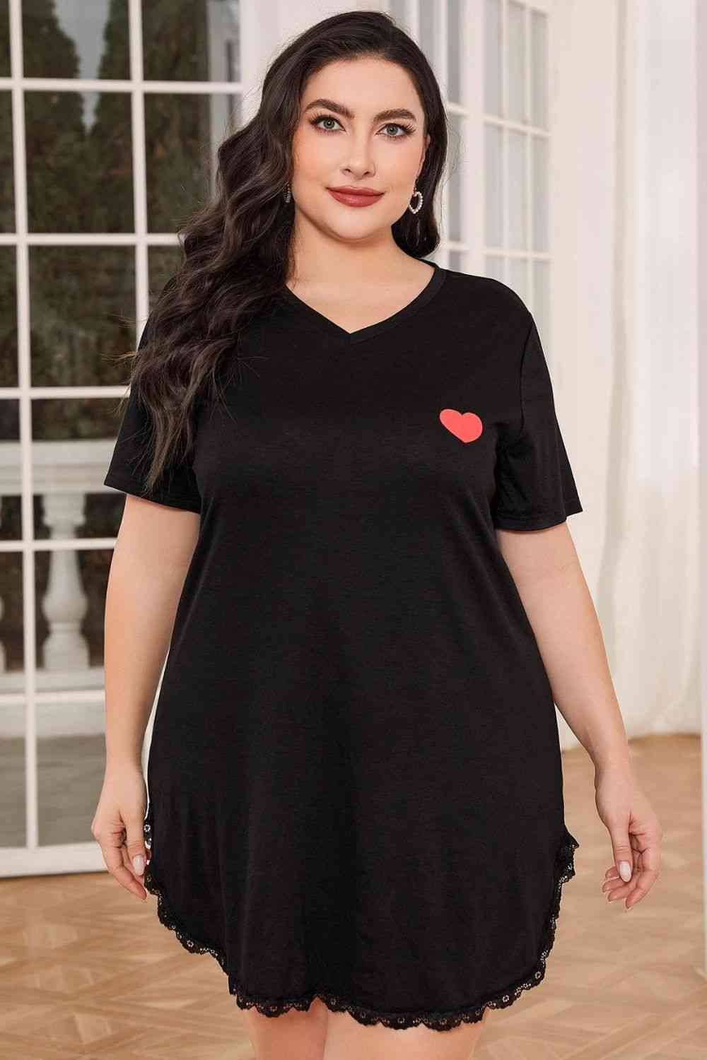 Plus Size Lace Trim V-Neck Short Sleeve Night Dress