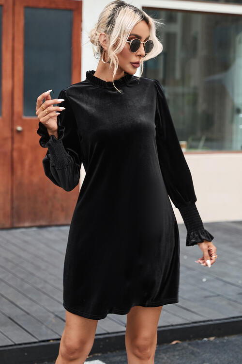 Round Neck Smocked Long Sleeve Mini Dress