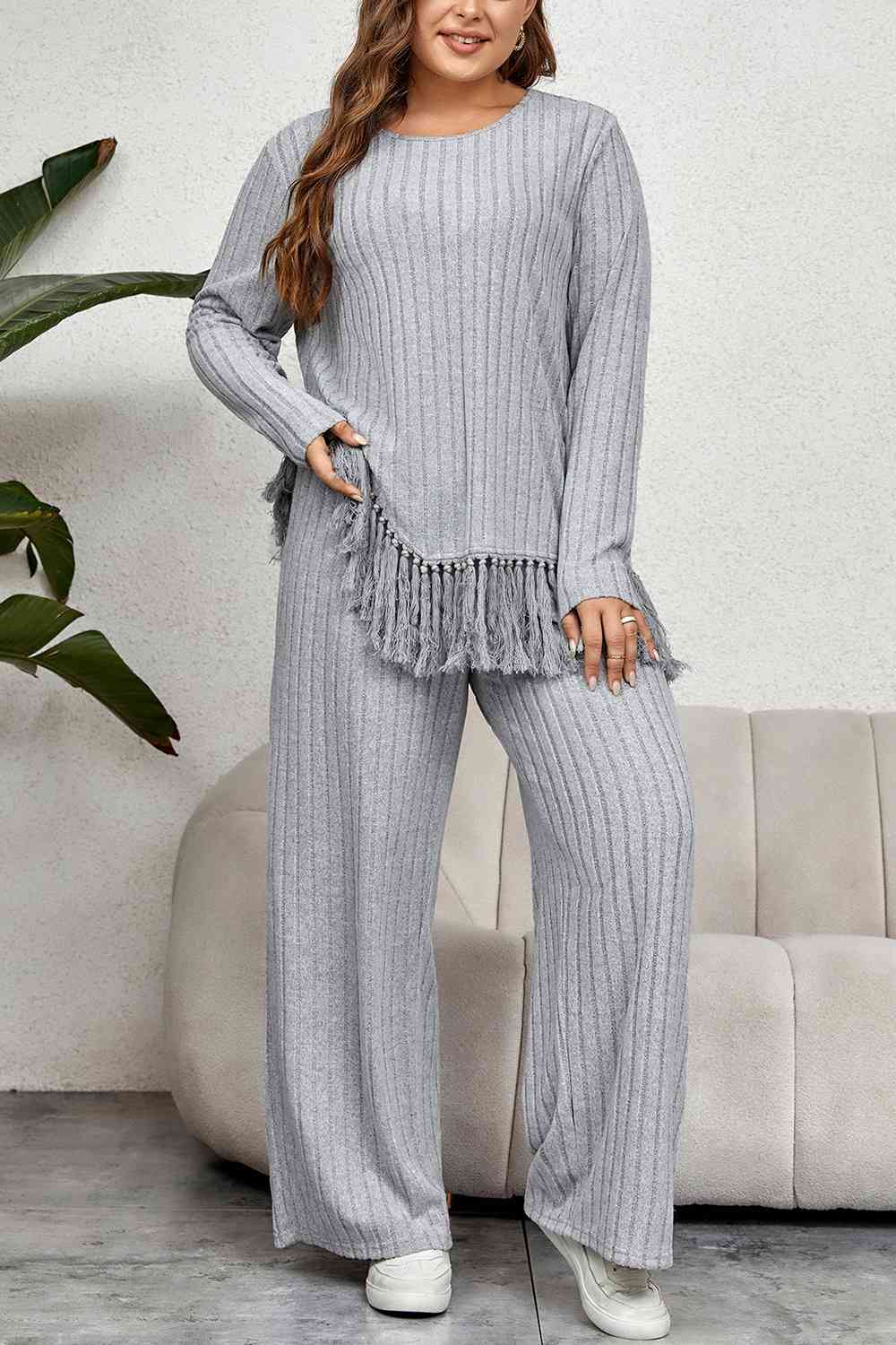 Plus Size Tassel Hem Top and Pants Set