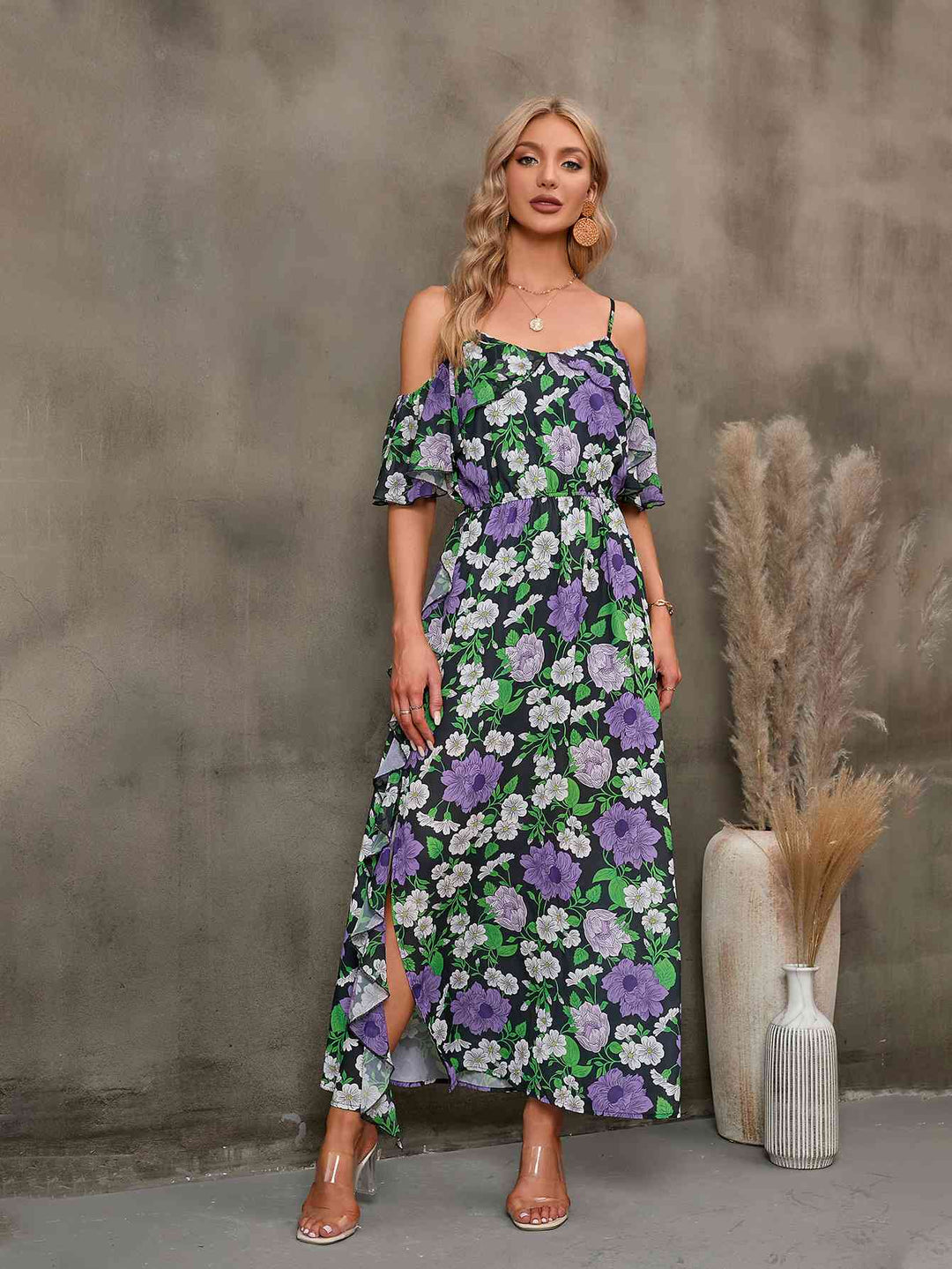 Floral Spaghetti Strap Cold-Shoulder Slit Maxi Dress