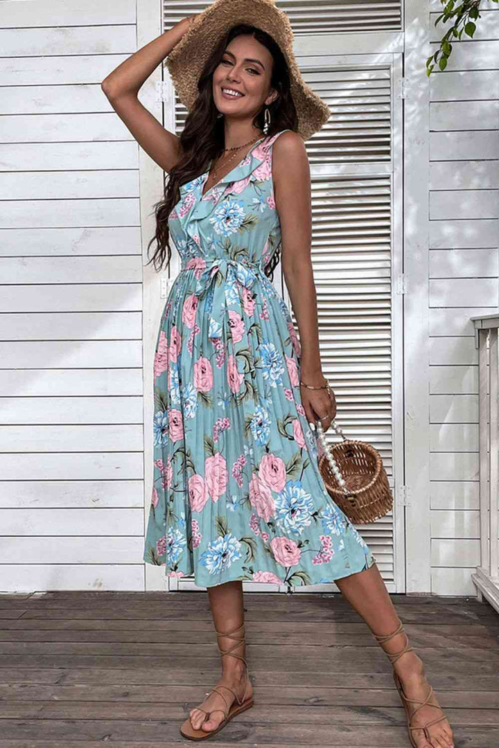 Floral Tie-Waist Sleeveless Pleated Midi Dress