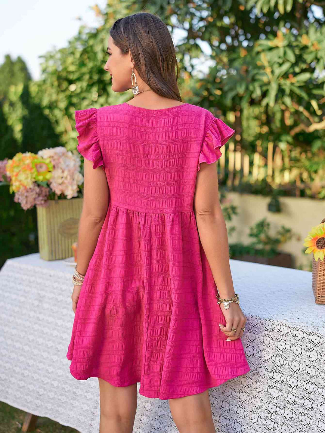 Textured V-Neck Flutter Sleeve Dress