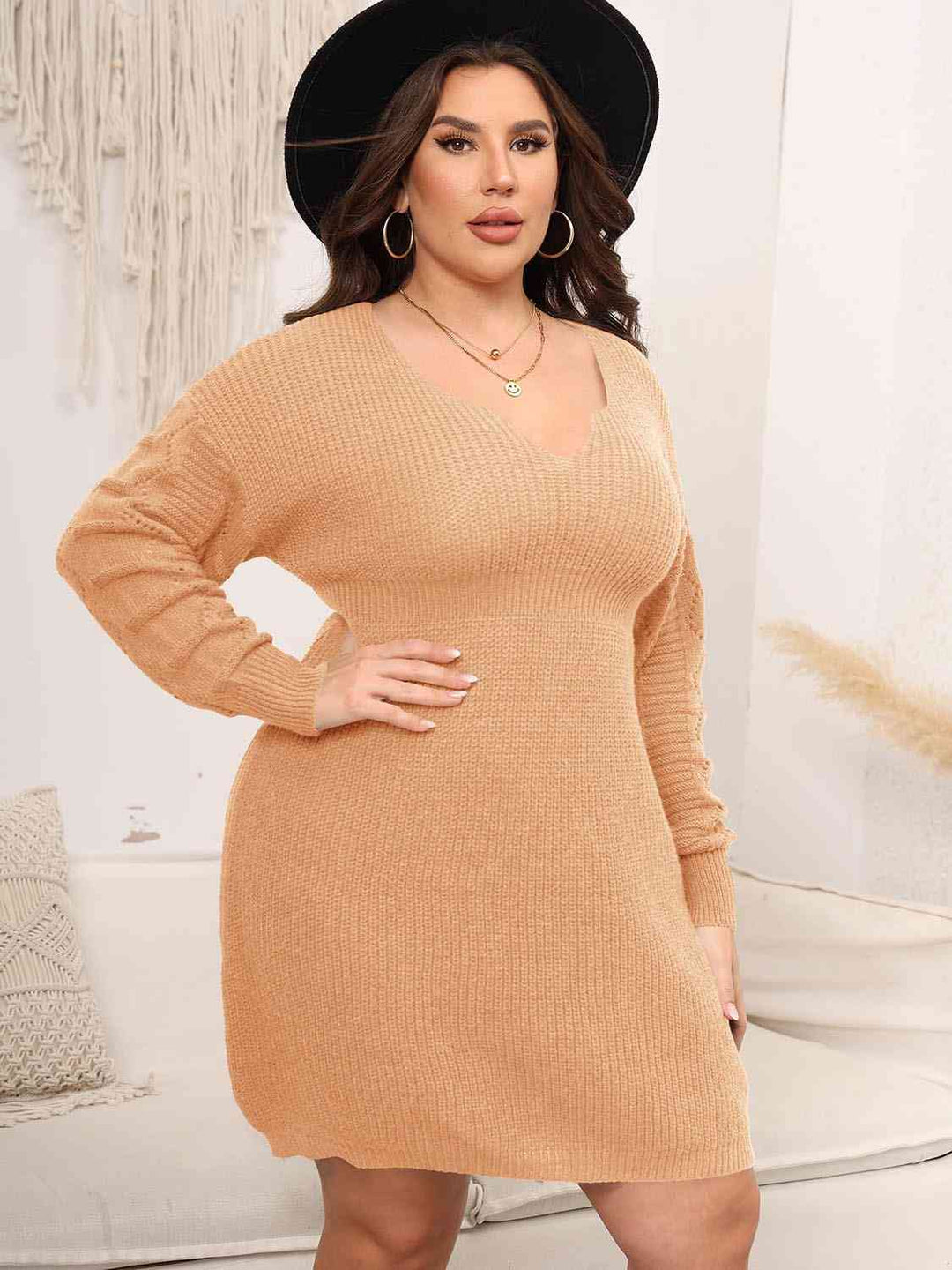 Plus Size Dropped Shoulder Long Sleeve Knit Mini Dress