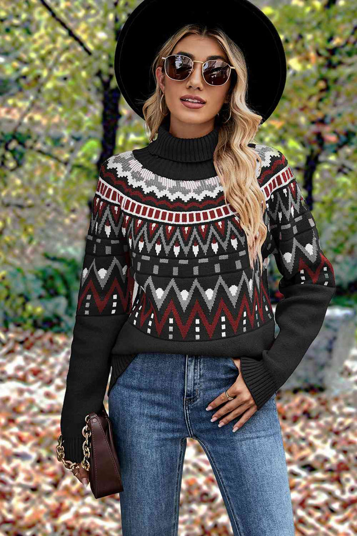 Geometric Turtleneck Long Sleeve Sweater