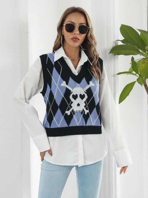 Skull Geometric V-Neck Sweater Vest