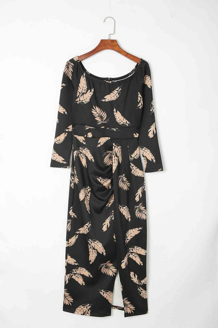 Printed Round Neck Slit Midi Dress