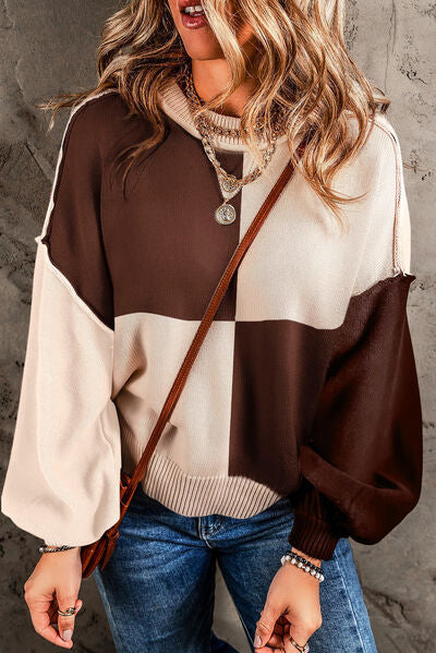 Color Block Exposed Seam Dropped Shoulder Sweater