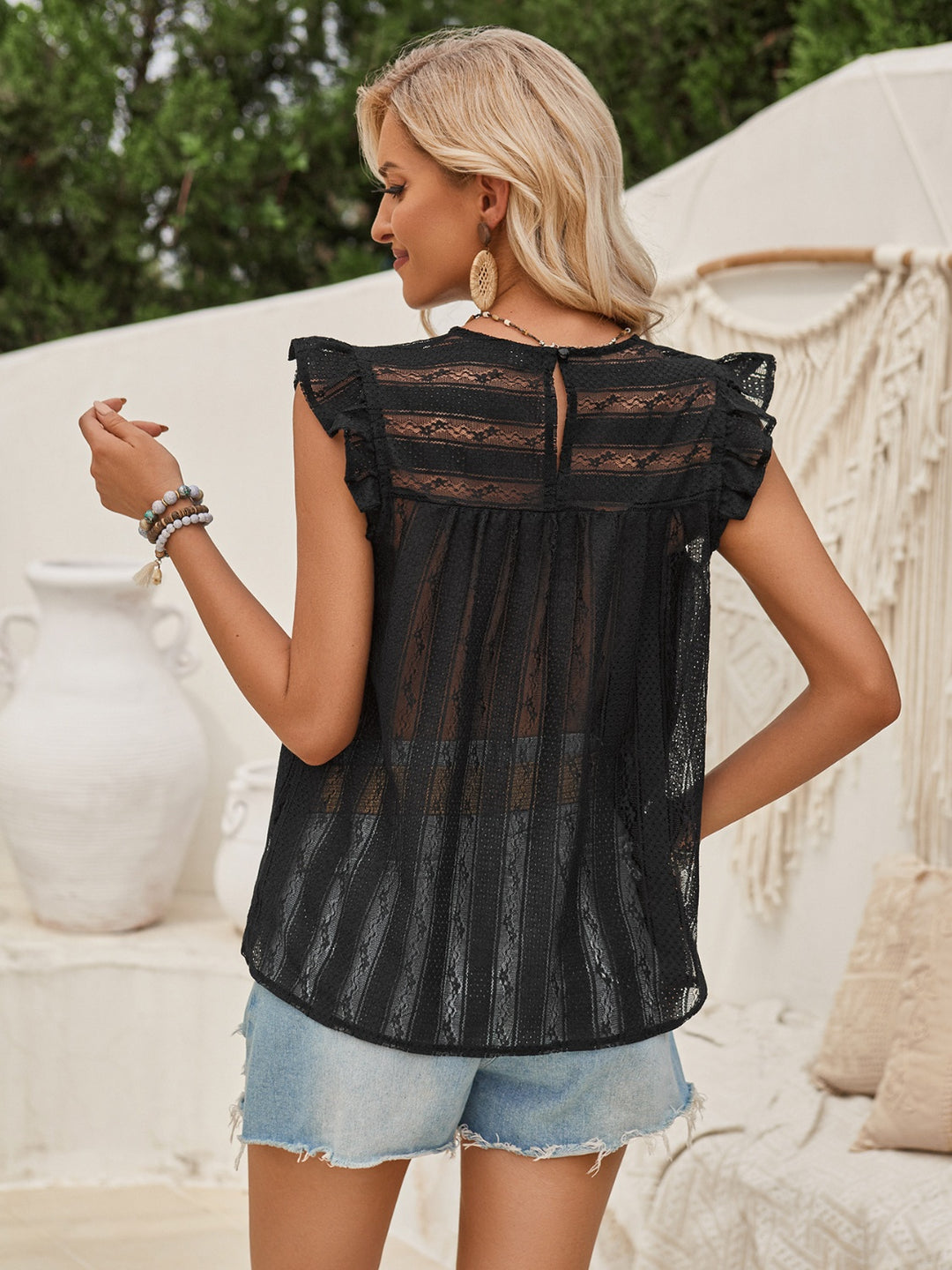 Ruffled Round Neck Cap Sleeve Blouse