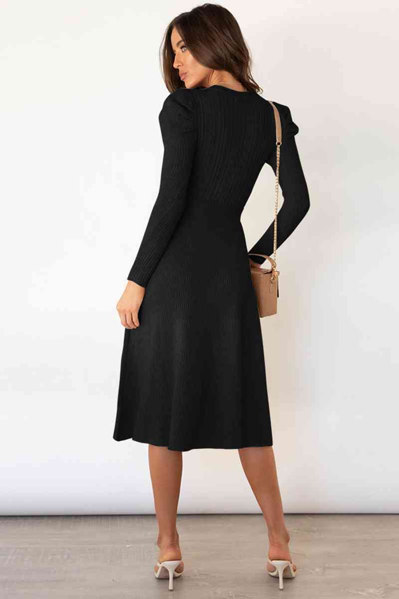 Round Neck Long Sleeve Tie Waist Sweater Dress