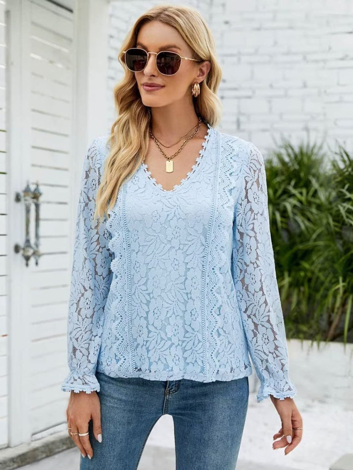 Lace V-Neck Flounce Sleeve Blouse