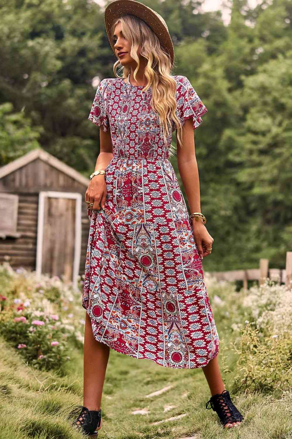 Printed Tie Back Flutter Sleeve Dress