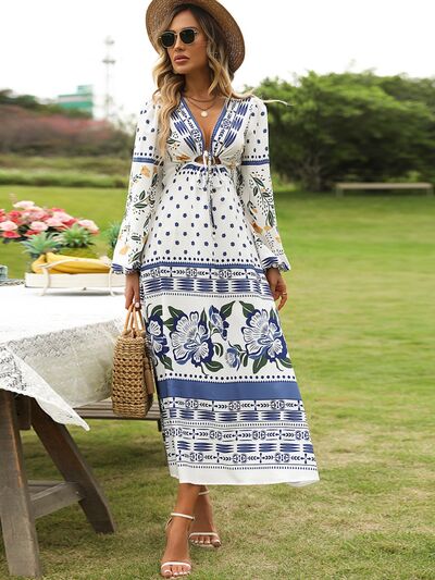 Printed Drawstring Balloon Sleeve Dress