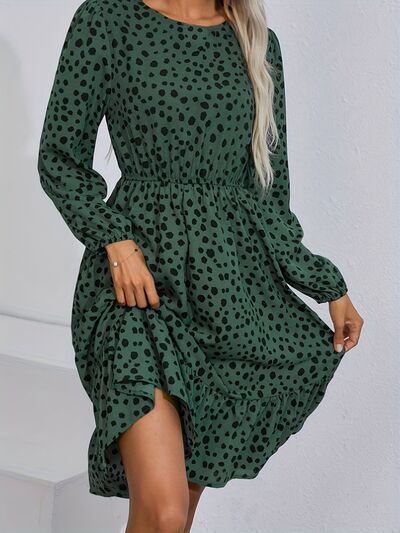 Printed Round Neck Balloon Sleeve Dress