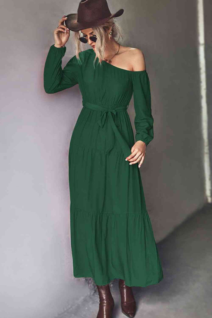 Belted One-Shoulder Tiered Maxi Dress