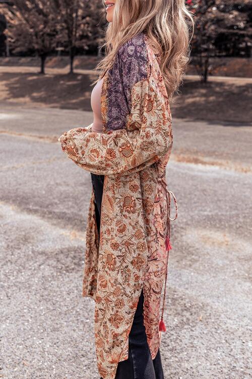 Floral Tassel Tied Open Front Long Sleeve Cardigan