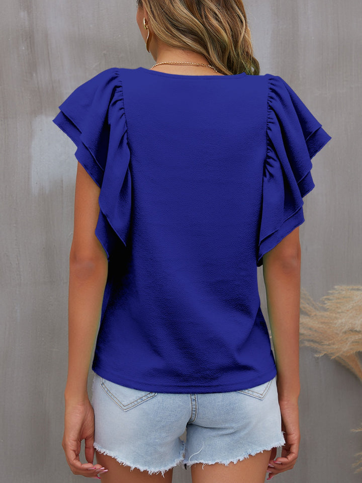 Round Neck Flounce Sleeve Blouse