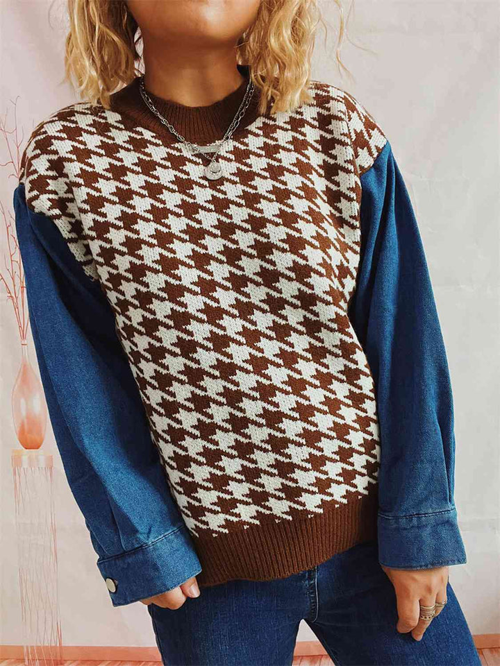 Houndstooth Denim Sleeve Sweater