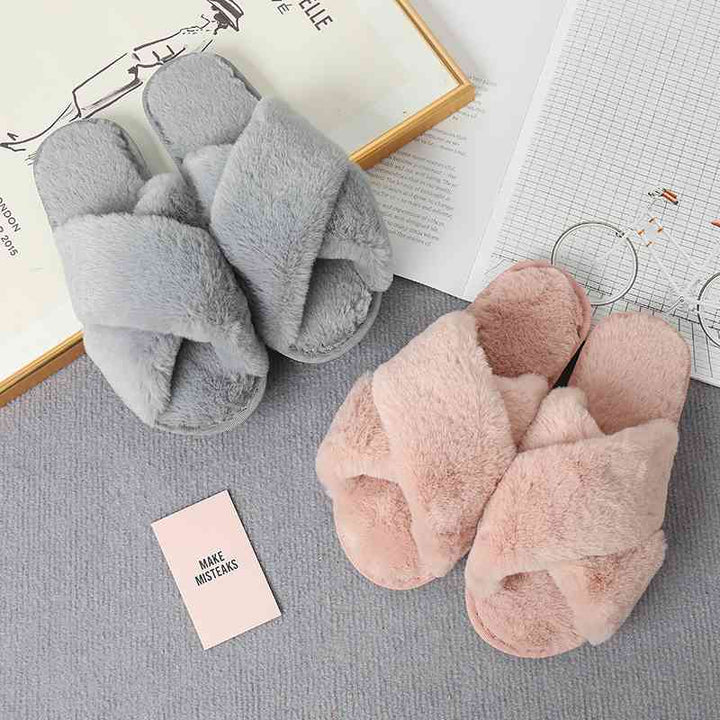 Faux Fur Crisscross Strap Slippers