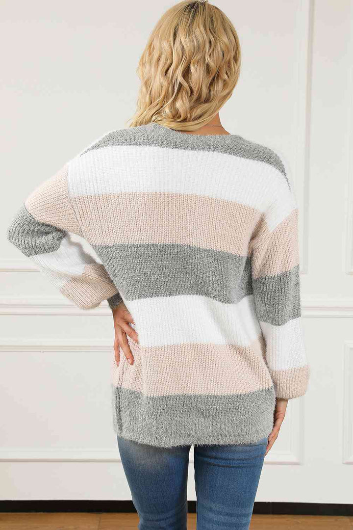 Striped ButtonUp V-Neck Long Sleeve Cardigan