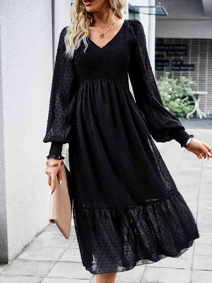 Swiss Dot V-Neck Flounce Sleeve Midi Dress