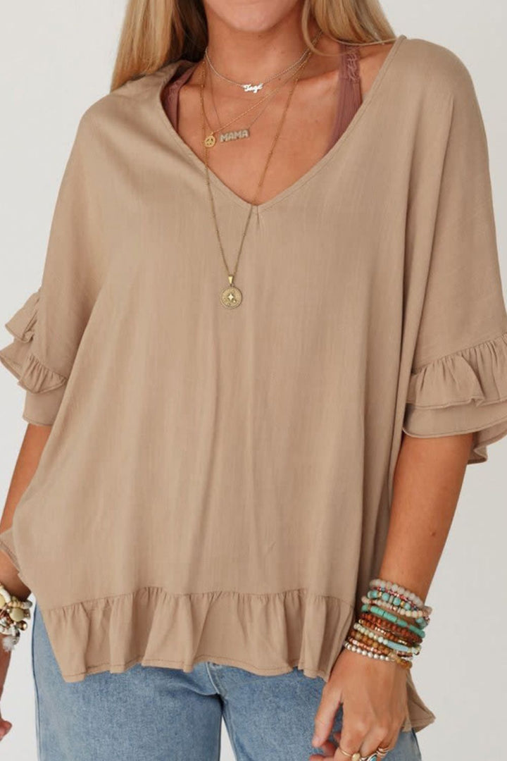 Ruffled V-Neck Half Sleeve Blouse