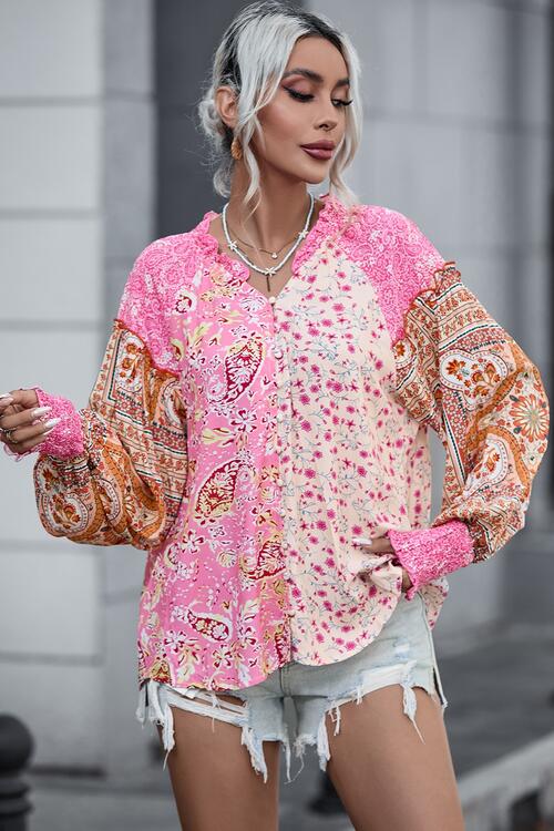 Printed Buttoned Lantern Sleeve Shirt