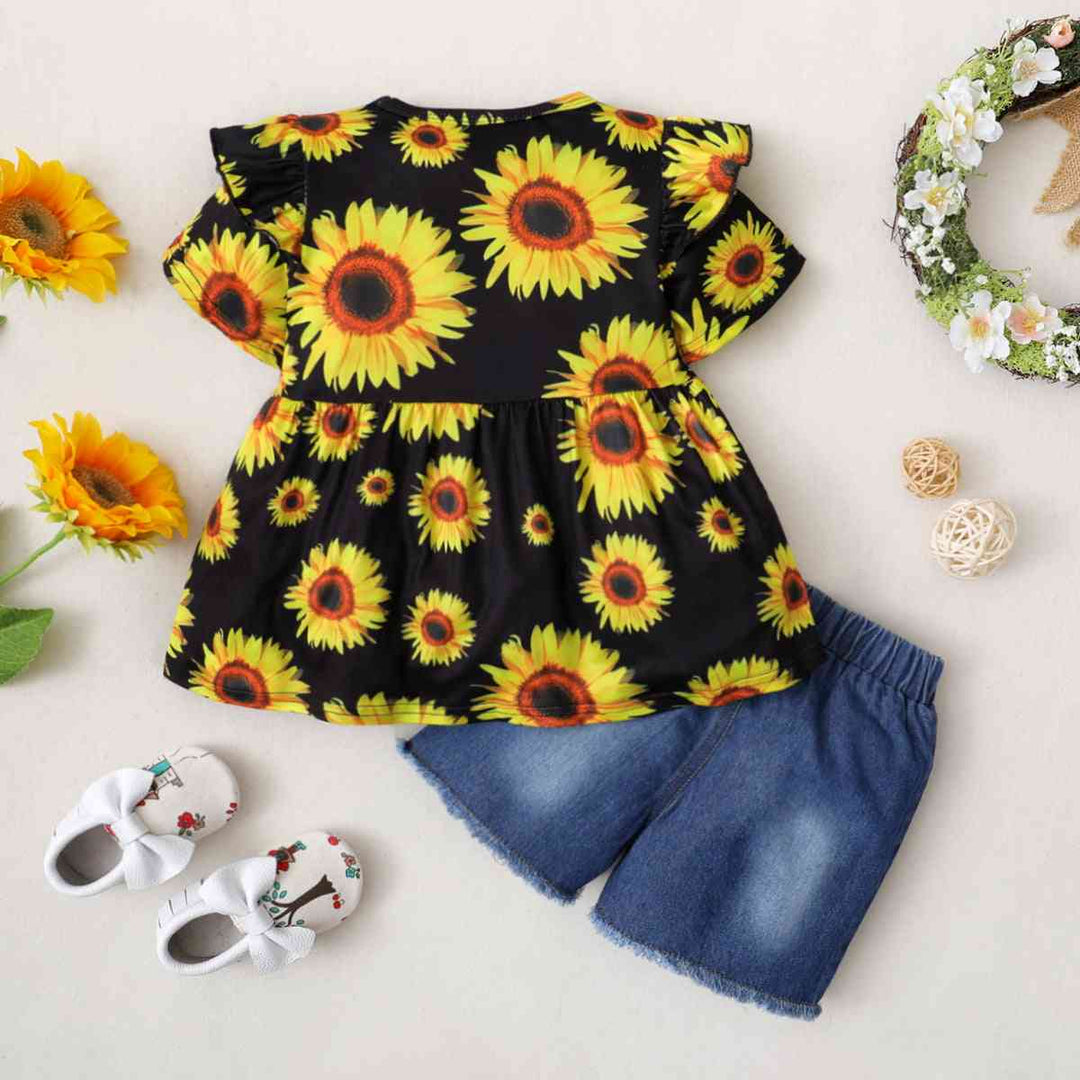 Sunflower Print Top and Distressed Denim Shorts Set