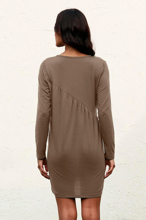 Ruched Round Neck Long Sleeve Dress