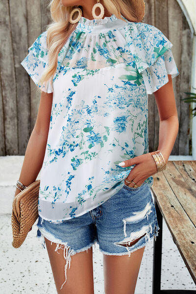 Printed Ruffled Mock Neck Blouse