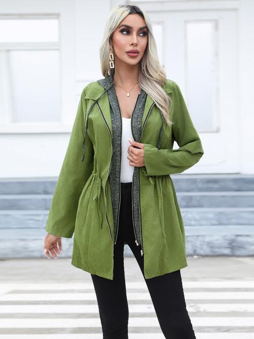 Zip Up Drawstring Hooded Trench Coat