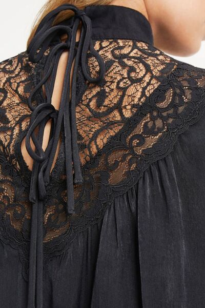 Lace Detail Mock Neck Flounce Sleeve Blouse