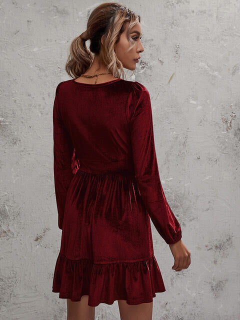 Plunge Long Sleeve Ruffle Hem Dress