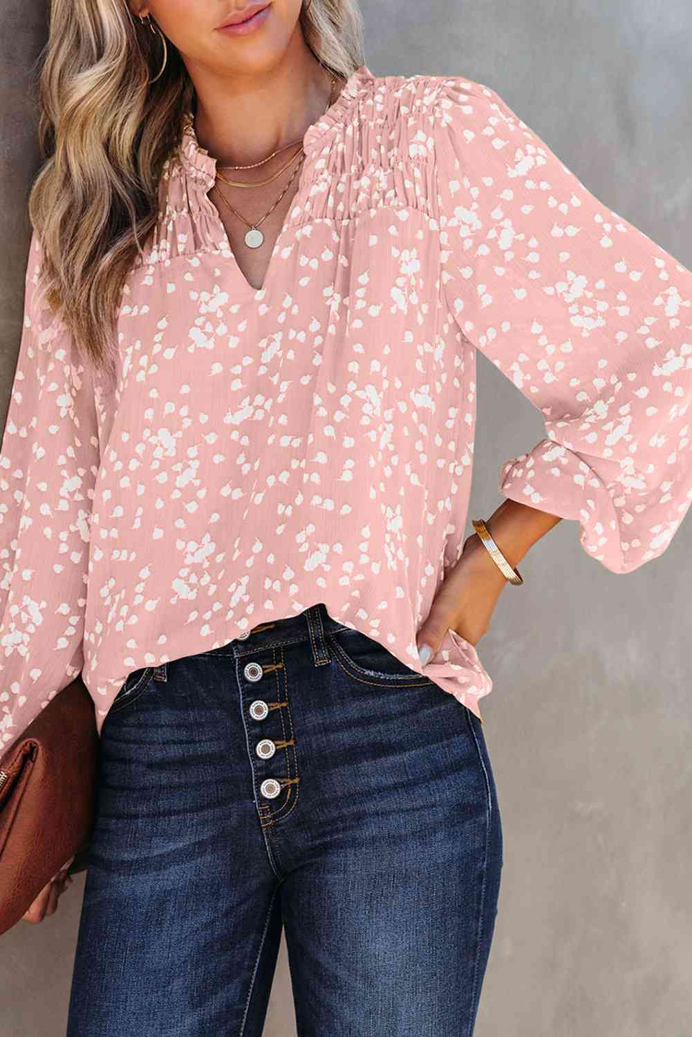 Double Take Printed Notched Neck Smocked Blouse