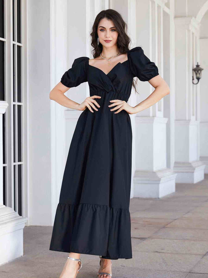 Surplice Neck Ruffle Hem Balloon Sleeve Maxi Dress