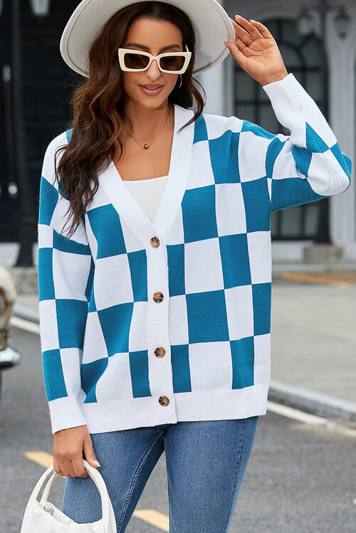 Checkered Button-Up Dropped Shoulder Cardigan