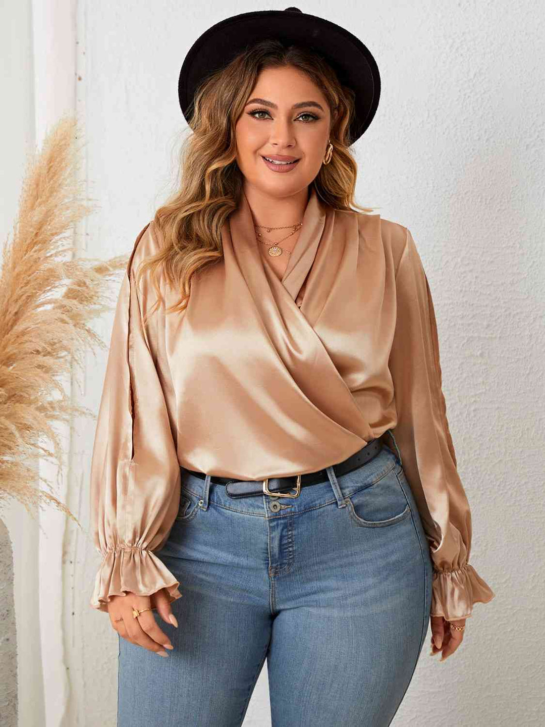 Plus Size Surplice Neck Flounce Sleeve Blouse