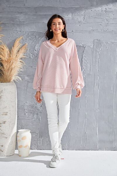 V-Neck Drop Shoulder Lantern Sleeve Blouse