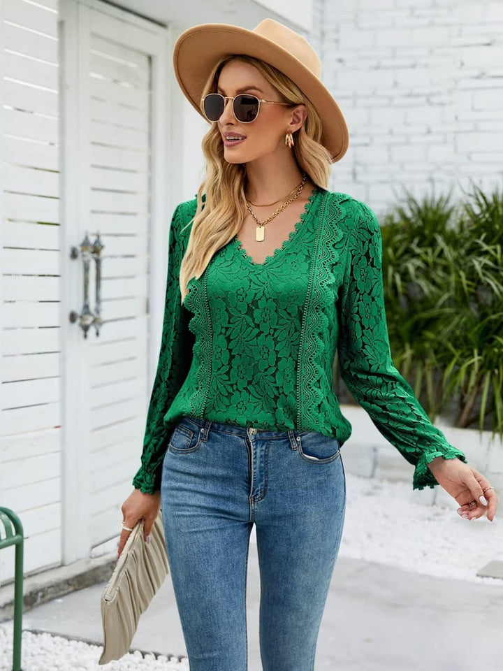 Lace V-Neck Flounce Sleeve Blouse