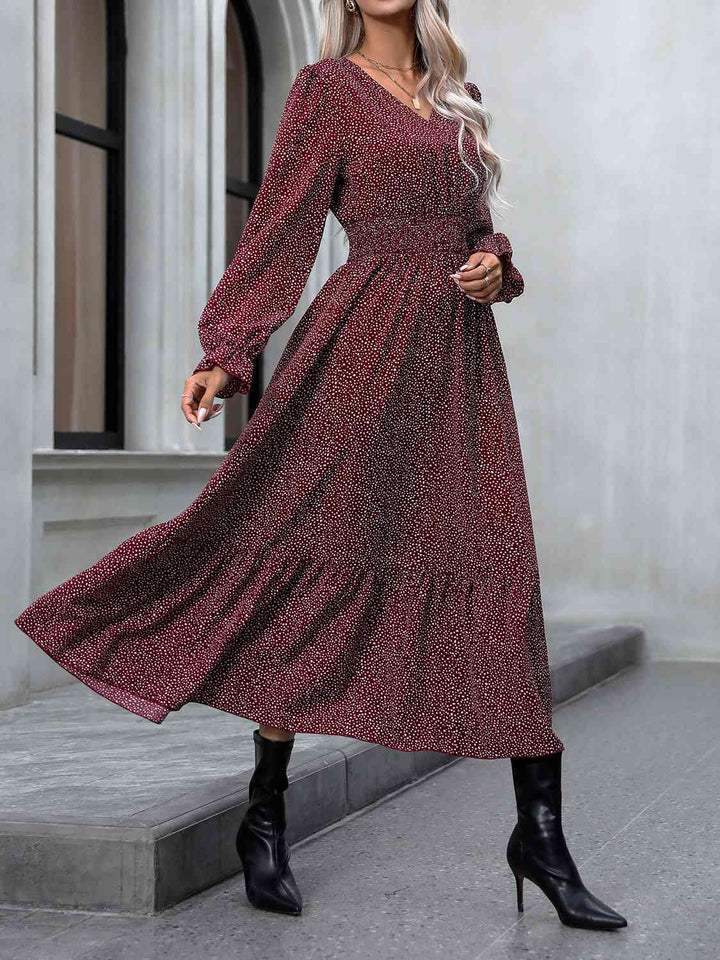 V-Neck Flounce Sleeve Dress