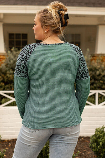 Plus Size Leopard Waffle-Knit Long Sleeve T-Shirt