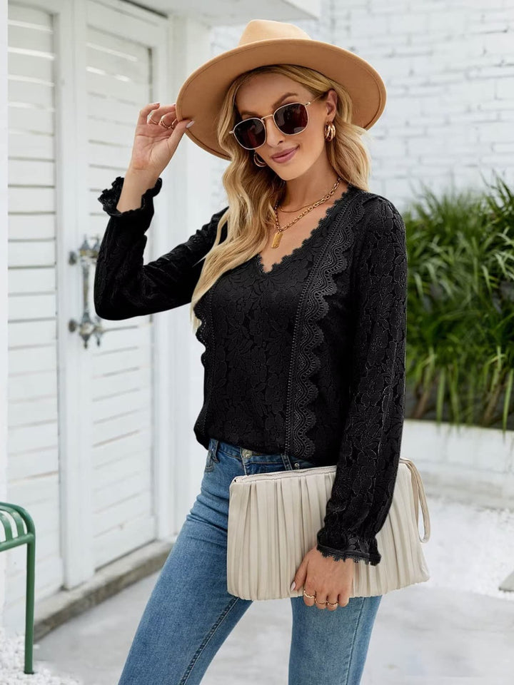 Lace V-Neck Flounce Sleeve Blouse