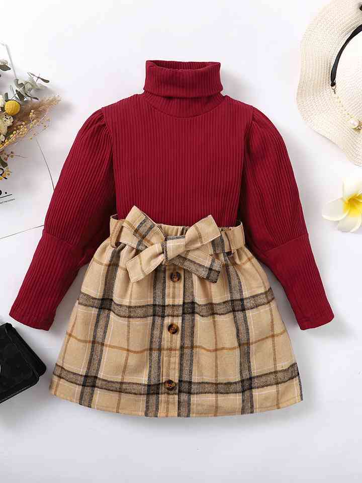 Turtle Neck Long Sleeve Ribbed Top and Plaid Skirt Set