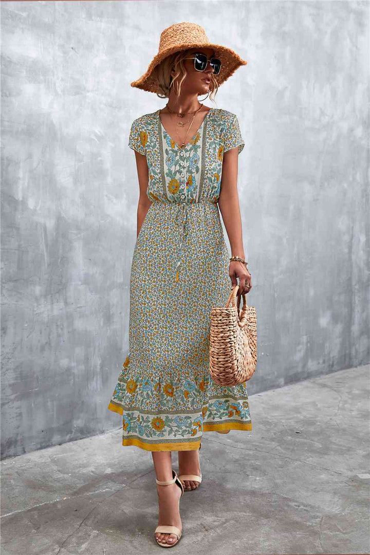 V-Neck Short Sleeve Printed Maxi Dress