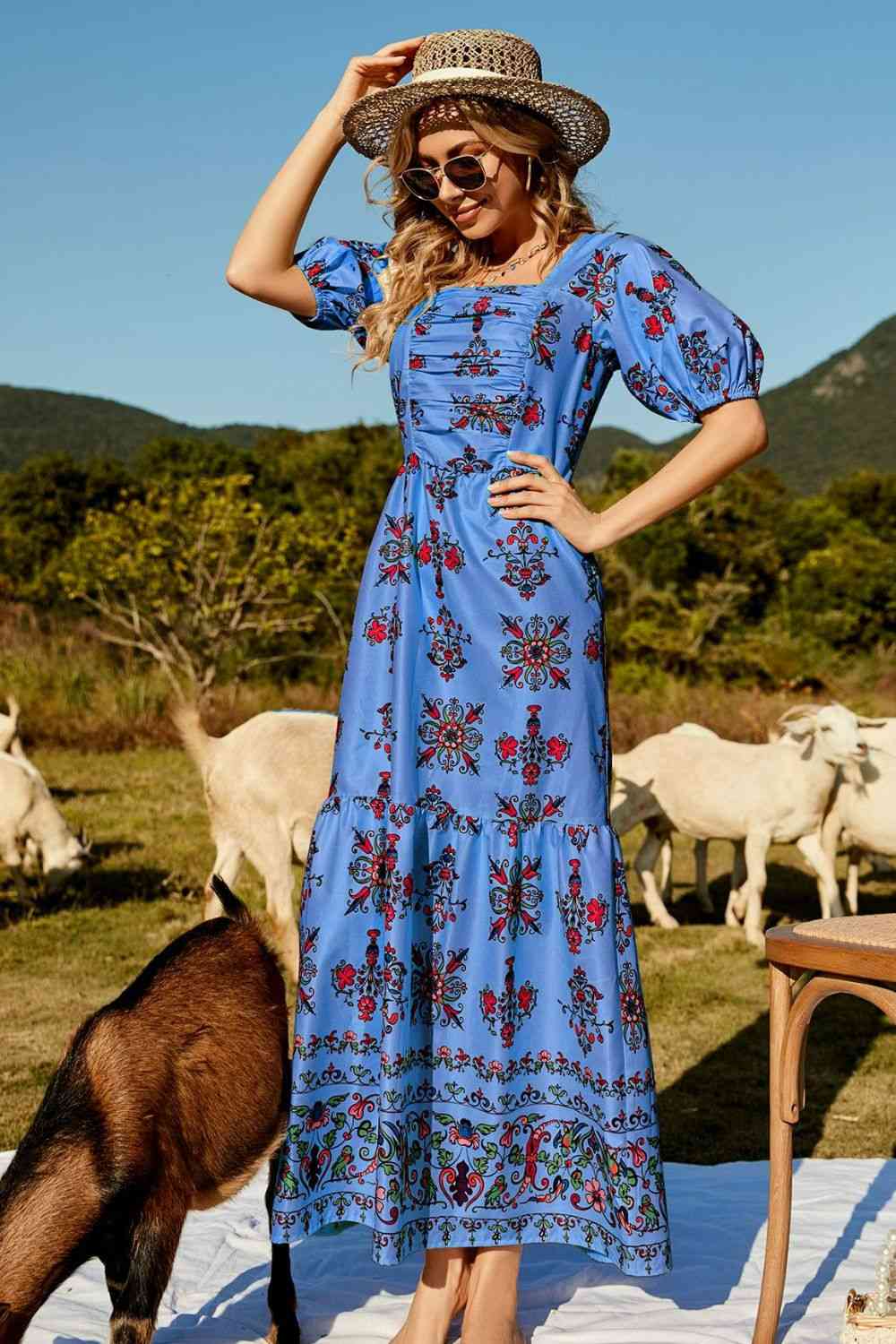 Floral Ruched Puff Sleeve Tiered Maxi Dress