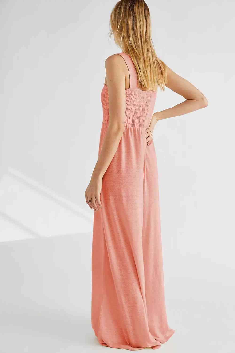 Smocked Square Neck Wide Leg Jumpsuit with Pockets